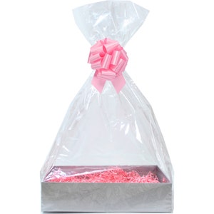 Make Your Own Gift Basket Hamper Kit - Silver Cardboard Gift Tray, Pink Paper Shred, Pink Bow, Cellophane Bag & Gift Tag