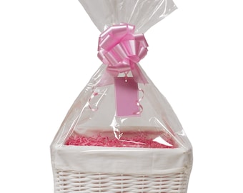 Make Your Own Baby Gift Hamper Kit - White Wicker Basket with Cream Lining, Pink Shred, Pull Bow & Gift Tag (30x22x15cm)