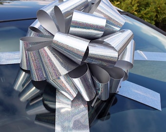 Giant Silver New Car Bow - Large Gifts and Decoration (42cm diameter)