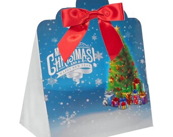 Blue Christmas Tree Gift Boxes with Mini Bows - Triangle Gift Hamper Box for Sweets, Chocolates & Small Gifts 17x10x14cm (Pk of 10)