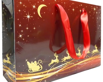 Christmas Gift Boxes with Ribbon Handles - Red and Gold Reindeer - 30x10x20cm (pack of 10)
