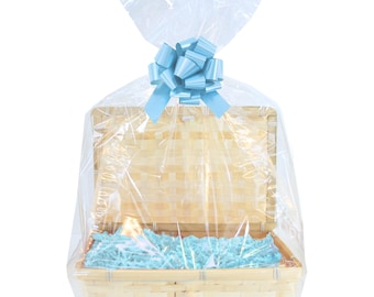 BLUE DIY Gift Basket Hamper Kit - Bamboo Hamper with Lid, Paper Shred, Bow, Cellophane Bag & Gift Tag - Baby Boy, Father's Day Hamper