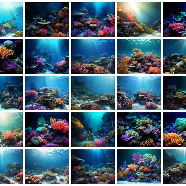 Coral Reef Scenery Collection | Ocean Scenes | 25 Coral Background Set | colorful sealife, underwater art, fish