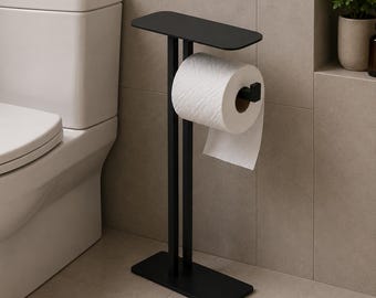 Soporte de papel higiénico independiente con estante para teléfono. Organizador de baño moderno.