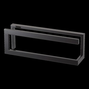 May include: Black metal towel rack with a rectangular shape and a simple design.