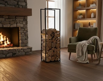 Modern Vertical Firewood Rack, Powder-Coated Metal Log Holder