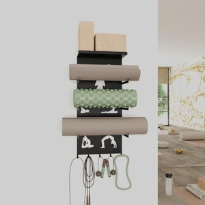 May include: A black wall-mounted shelf with yoga accessories, including two yoga mats, a foam roller, a jump rope, and a resistance band. The shelf has a cutout design of yoga poses.