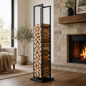 Modern Firewood Rack Tall Metal Log Holder Vertical Wood Storage Stand Fireplace Decor Indoor
