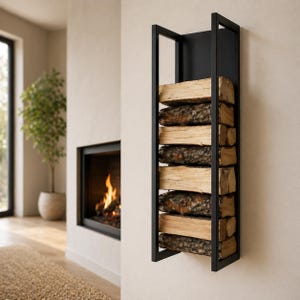 Wall Mounted Firewood Rack Metal Log Holder Vertical Storage Minimalist Fireplace Organizer Modern Decor