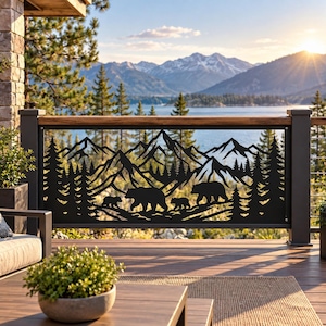May include: A black metal railing panel featuring a laser-cut silhouette design of a mountain range, a dense forest of pine trees, and a family of bears consisting of two adult bears and two cubs walking across the landscape.