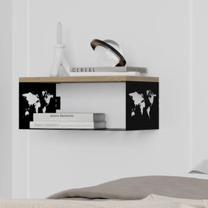 Weltkarte Wandregal mit Metallrahmen, minimalistischer schwimmender Nachttisch, einzigartiges Geschenk für Reisende, moderner Eingangsbereich oder Schlafzimmerdekor