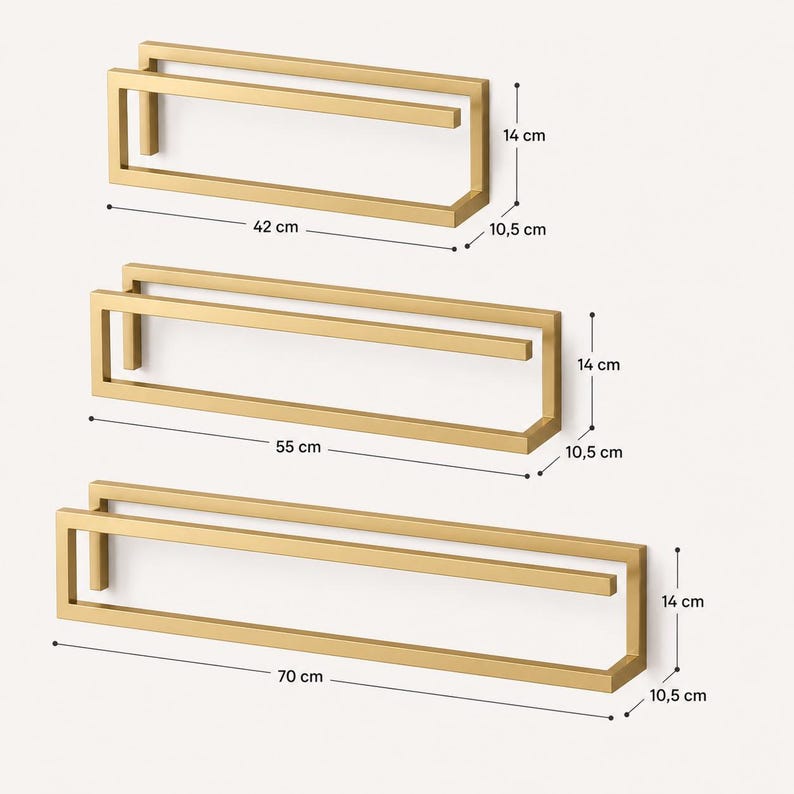 Metal wall mounted slipper holder size chart showing three width options: 42 cm, 55 cm, and 70 cm. Minimalist geometric design with consistent height of 14 cm and depth of 10.5 cm. Modern space saving shoe organizer for wall storage.