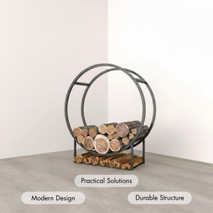 May include: A dark grey, circular metal log holder filled with cut logs. The holder has a modern design and a durable structure. The text on the image says "Practical Solutions", "Modern Design", and "Durable Structure".