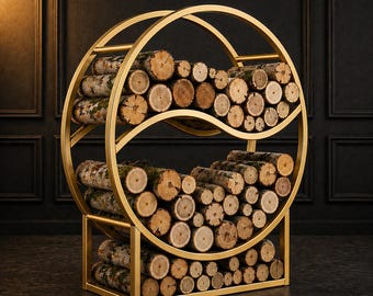 Gold Firewood Rack Metal Log Holder Modern Round Fireplace Storage Decorative Indoor Organizer Stand