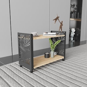 Minimalist Service Cart, Modern Industrial Wheeled Cart , Wood Look Metal Bar Cart With Geometric Cutout Design