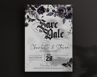 May include: A black and white save the date card with a gothic font. The card features a floral design with black roses and butterflies. The text reads "Save the Date" with the names "Charlotte & Steven" and the date "Saturday, September 28, 2024". The location is listed as "Harelaw Farm, Glasgow Rd, Fenwick, Kilmarnock."