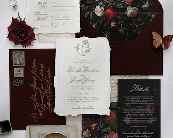 Moody Floral Wedding Invitation Set, Subtle Goth Wedding Invite, Dark Wedding Template, Elegant Halloween Invitation, Digital Download