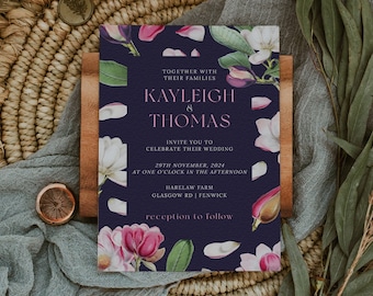 Navy Floral Wedding Invitation Template, Elegant Wedding Invite Template, Editable Nature Wedding Template, Digital Download