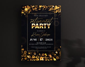 Black and Gold Retirement Invitation Template Printable Retirement Party Invitation Gold Sparkle Editable Party Template Digital Download