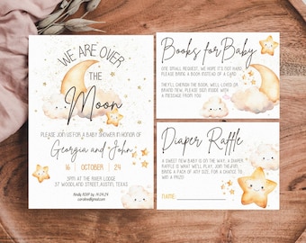We Are Over the Moon Baby Shower Invitation Template, Neutral Boho Baby Shower, Twinkle Little Star Baby Shower Invite, Digital Download