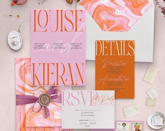 Retro Wedding Invitation Template, Bold Wedding Invitation, Pink Orange Wedding Invitation Unique, Fun Invitation, Digital Download