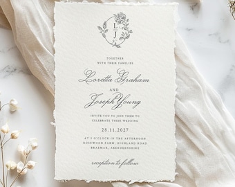 Mall för bröllopsinbjudan med monogram, klassisk bröllopsinbjudan, bröllopsmall med mörka blommor, elegant vinterinbjudan, digital nedladdning