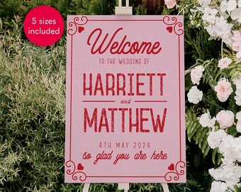 Wes Anderson Wedding Welcome Sign Template, Editable Pink Red Wedding Sign, Printable Retro Welcome Wedding Template, DIY Wedding Download