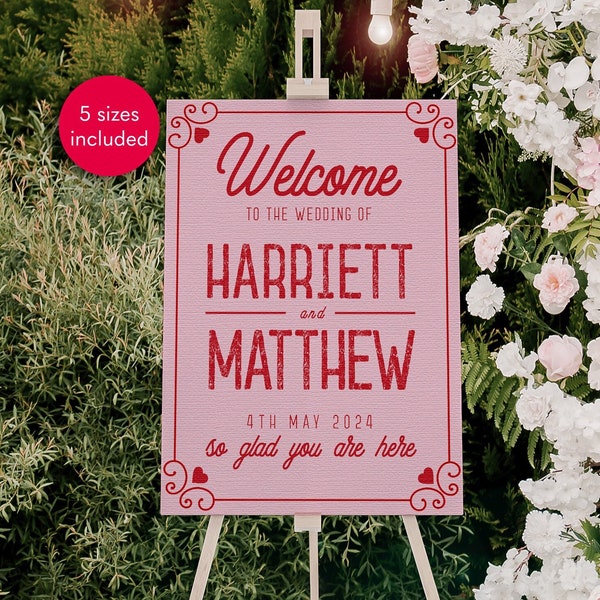 Wes Anderson Wedding Welcome Sign Template, Editable Pink Red Wedding Sign, Printable Retro Welcome Wedding Template, DIY Wedding Download