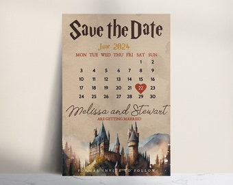 May include: A Save the Date card featuring a June 2024 calendar with a red heart on the 22nd. The text reads Save the Date, June 2024, Melissa and Stewart ARE GETTING MARRIED, and FORMAL INVITE TO FOLLOW. A watercolor castle illustration sits below.