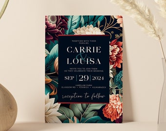 Bright Floral Wedding Invitation Template, Bold Flowers Wedding Invite, Bright Colours Editable Template, Unique Wedding Digital Download