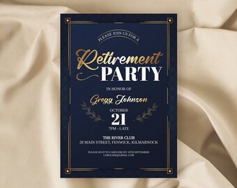 Modern Retirement Party Invitation Template Elegant Gold Navy Retirement Invite Editable Template Digital Download Digital Templett Invite