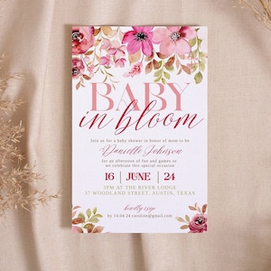 Baby in Bloom Invitation Editable Template Spring Baby Shower Printable Template Floral Pink Baby in Bloom Baby Shower Digital Download
