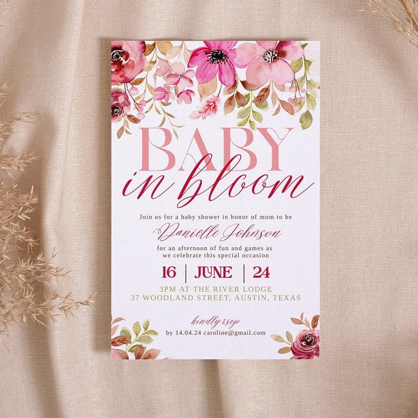 Baby in Bloom Invitation Editable Template Spring Baby Shower Printable Template Floral Pink Baby in Bloom Baby Shower Digital Download