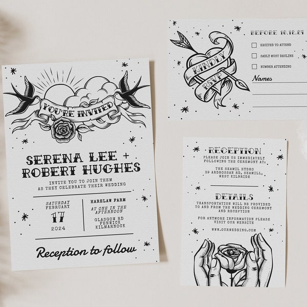 TRAD TATTOO Wedding Invitation Set RSVP Details Alternative Wedding Invite Template Editable Alt Wedding Traditional Tattoo Digital Download