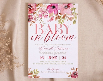Baby in Bloom Invitation Editable Template Spring Baby Shower Printable Template Floral Pink Baby in Bloom Baby Shower Digital Download