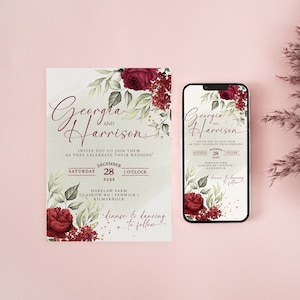 Burgandy Wedding Invitation Editable Template, Floral Rose Wedding Evite, Romantic Wedding Invitation, Digital Download