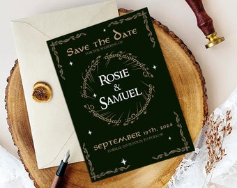 Salva la data del matrimonio del Signore degli Anelli, modello di matrimonio di Tolkien ispirato all'invito di matrimonio elfico fantasy, download immediato modificabile