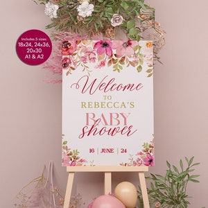 Baby in Bloom Baby Shower Welcome Sign Printable Spring Flowers Baby Shower Template Floral Pink Welcome Sign Digital Download Easy to Edit