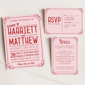 Wes Anderson Wedding Invitation Template, Editable Retro Wedding Invitation, Pink Red Unique Vintage Wedding Invitation, Digital Download