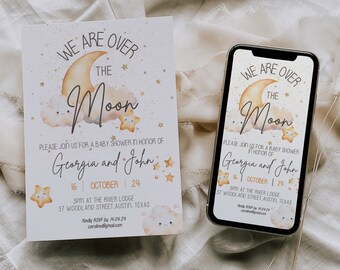 We Are Over the Moon Baby Shower Invitation Template, Neutral Boho Baby Shower Evite, Twinkle Little Star Baby Shower, Digital Download