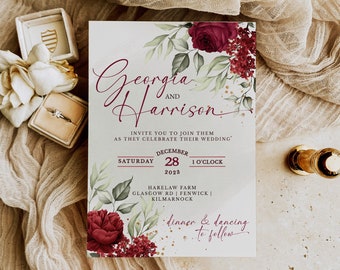 Burgandy Wedding Invitation Editable Template, Floral Rose Wedding Invite Printable, Winter Wedding Invitation, Digital Download