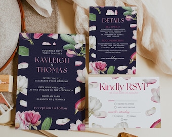 Botanical Wedding Invitation Template Set, RSVP Details Floral Wedding Invite Template, Editable Nature Wedding Template, Digital Download