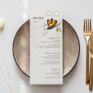 Minimale Hochzeitsmenükartenvorlage, bearbeitbares druckbares Hochzeitsmenü, Vintage-Vogel-Hochzeitsvorlage, elegantes Hochzeitsmenü-Digital-Download