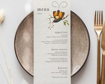 Minimal Wedding Menu Card Template, Editable Printable Wedding Menu, Vintage Birds Wedding Template, Elegant Wedding Menu Digital Download