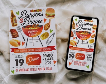 BBQ Bridal Shower Invitation Template, Summer Bridal Shower Evite, Burgers and Brews Invite, BBQ Invitation, Digital Download