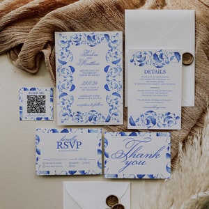 Dusty Blue Wedding Invitation Bundle, Large Wedding Invite Template Set, Editable Bridgerton Wedding Invitation, Digital Download
