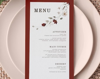 Burgundy Floral Wedding Menu Template, Red Florals Editable Menu, Printable Floral Menu, Minimal Wedding Stationery, Digital Wedding File