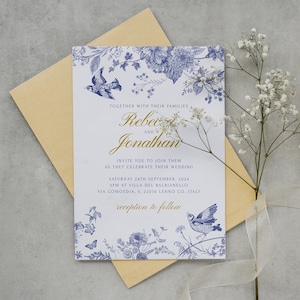 Dusty Blue Wedding Invitation Template, Editable Blue Floral Birds Wedding Invite, Printable Regency Wedding Invitation, Digital Download