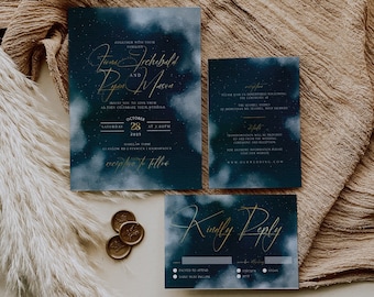 Dreamy Wedding Invitation Template, Editable Night Sky Wedding Invite Set, Romantic Fantasy Wedding Invite, Digital Download, Templett