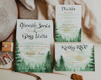 Nerdy Wedding Invitation Set, LOTR Wedding Invite, Nature Wedding Template, Fantasy Wedding, Digital Download